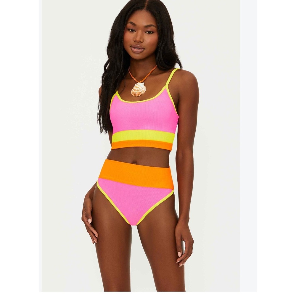 Beach Riot Emmy Colorblock High Waist Rib Bikini Bottoms Soleil Pink Orange L